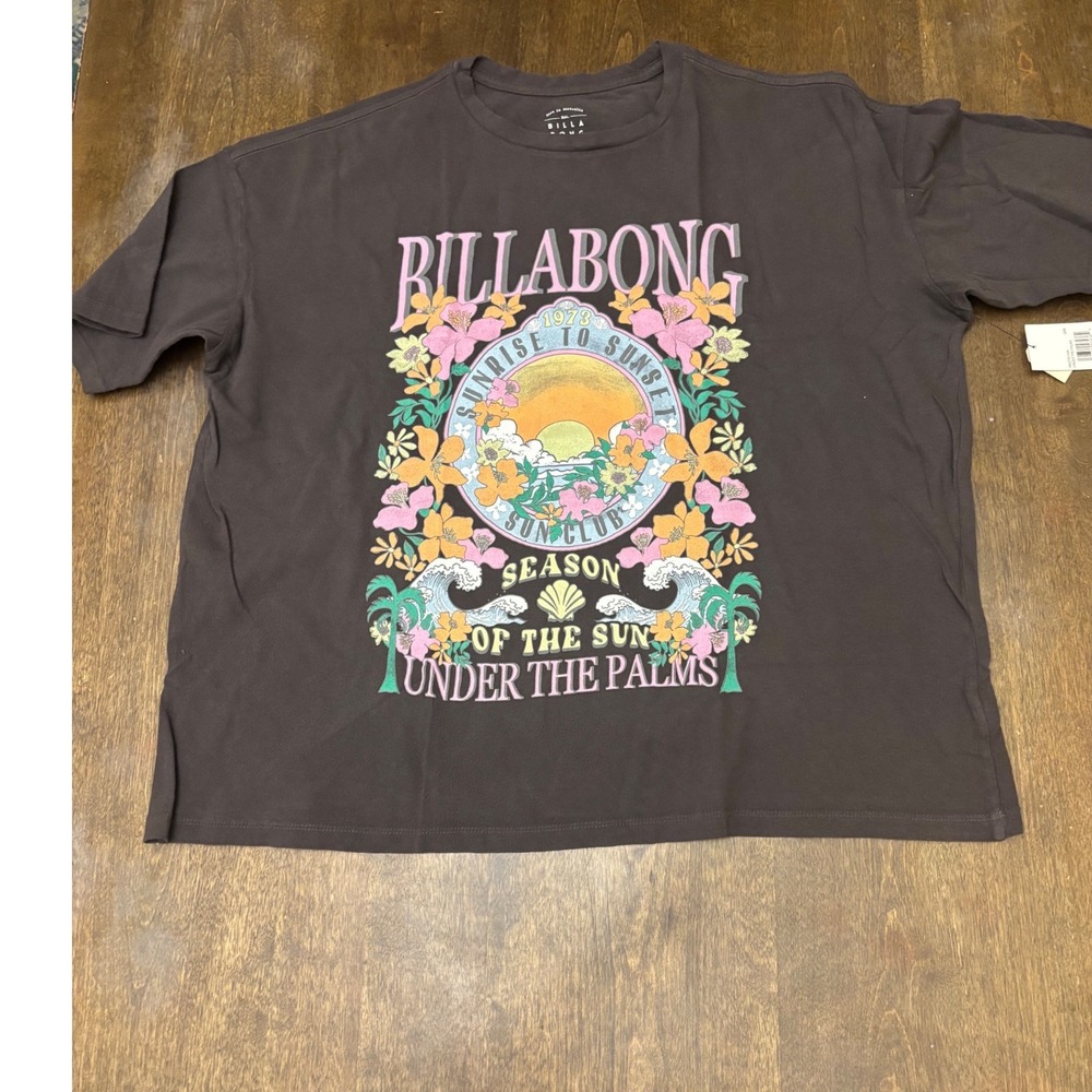 Billabong Under The Palms Graphic Tee Charcoal Grey Oversized T-Shirt Small NEW